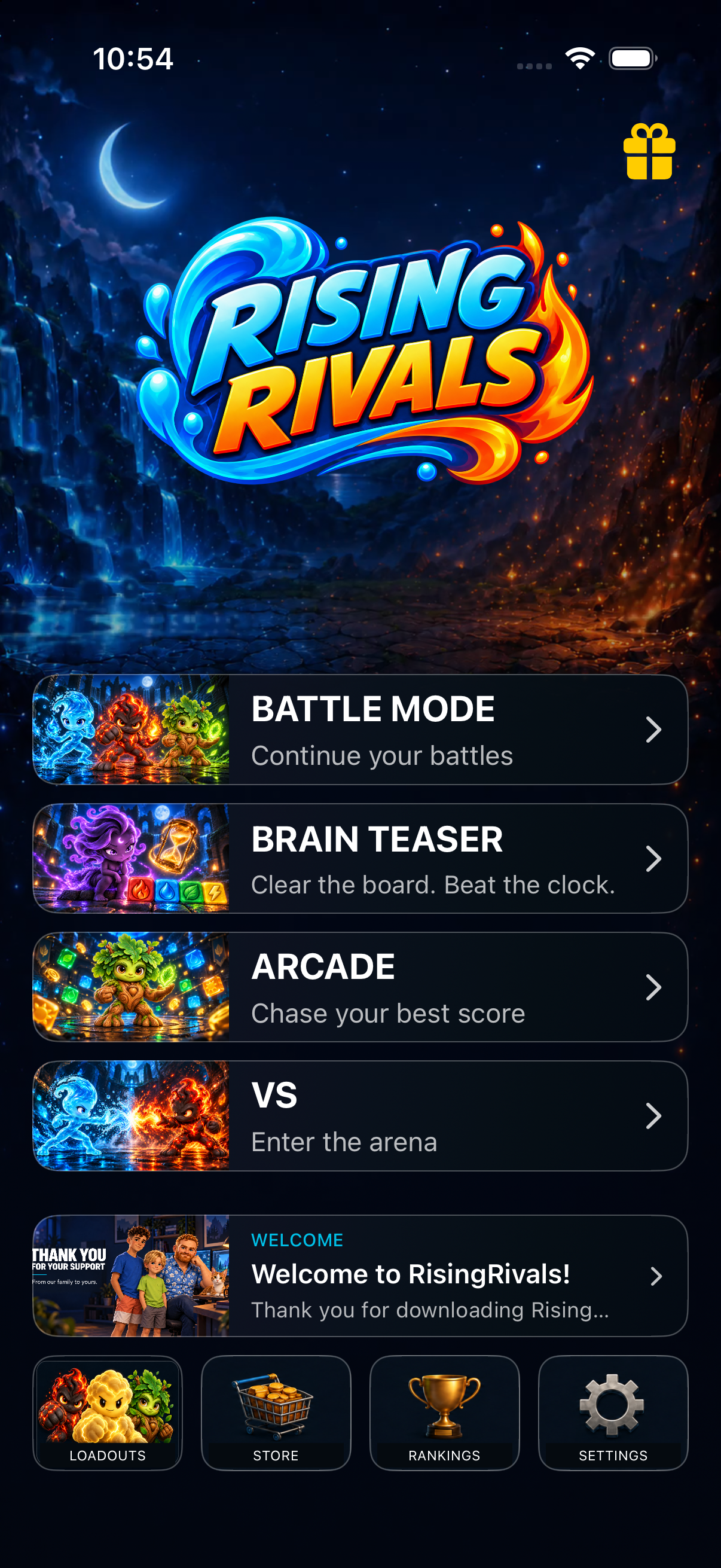 Rising Rivals main menu featuring Battle Mode, Brain Teaser, Arcade, and VS